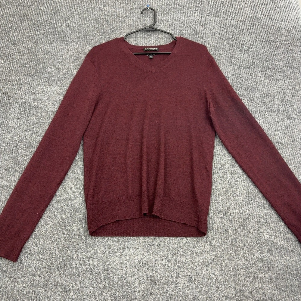 Express Sweater Mens S Burgundy‎ Merino Wool Blend V Neck Long Sleeve Classic